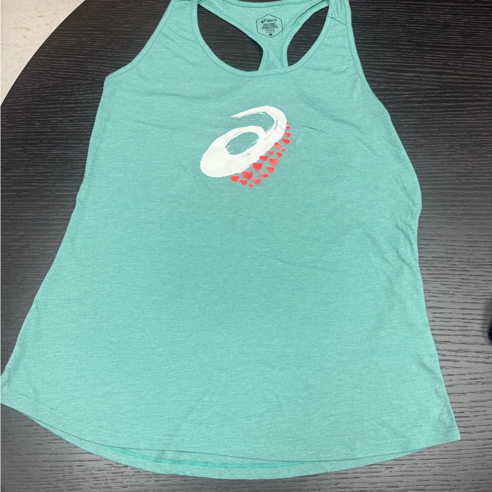 ASICS Teal Racerback Tank with White Swirl and Red Heart Detail💚💚